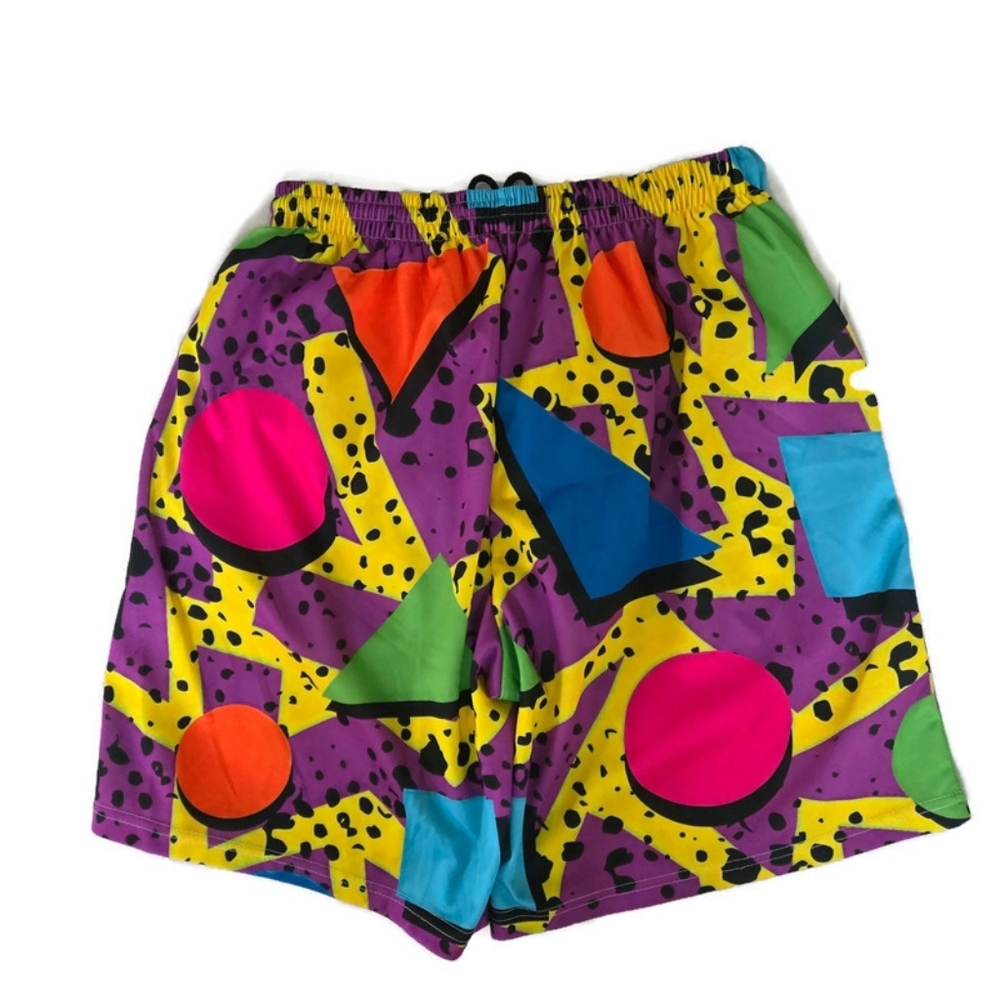 80's Swim Trunks Iconic Retro Geometric Pattern Mesh liner Pockets - Picture 3 of 4
